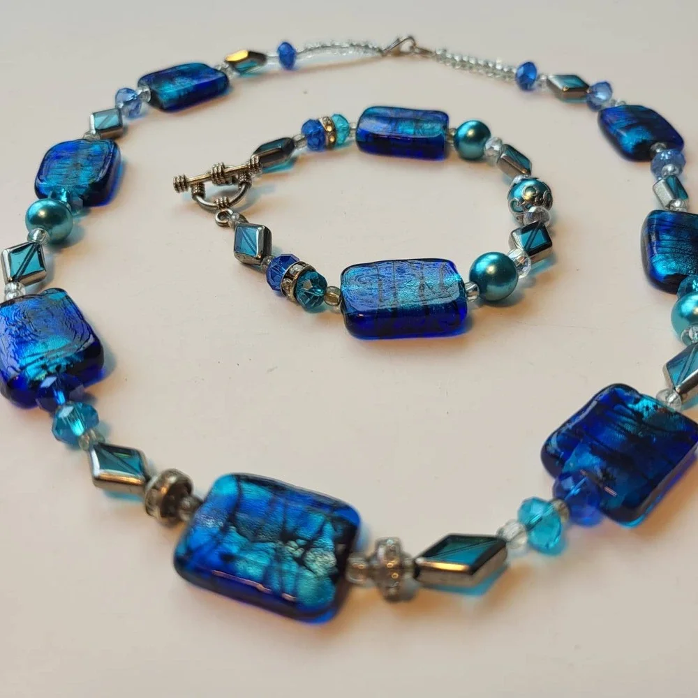 Vintage Glass Foil Bead Necklace Bracelet Set Blue Silver Tone Rectangle Beaded